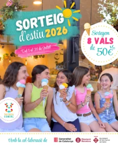 Cartell del Sorteig d’Estiu 2026 de Sant Quirze Comerç amb el sorteig de 8 vals de 50 euros per comprar als comerços associats de l’1 al 31 de juliol